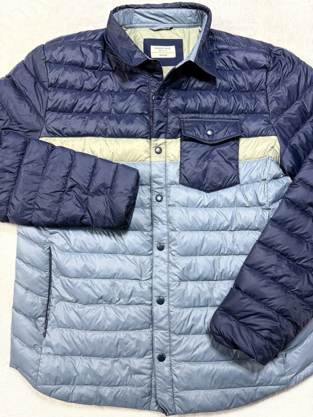 Marine Layer Mens Re-Spun Down Puffer Colorblock Coastal Prep Transition Coat M